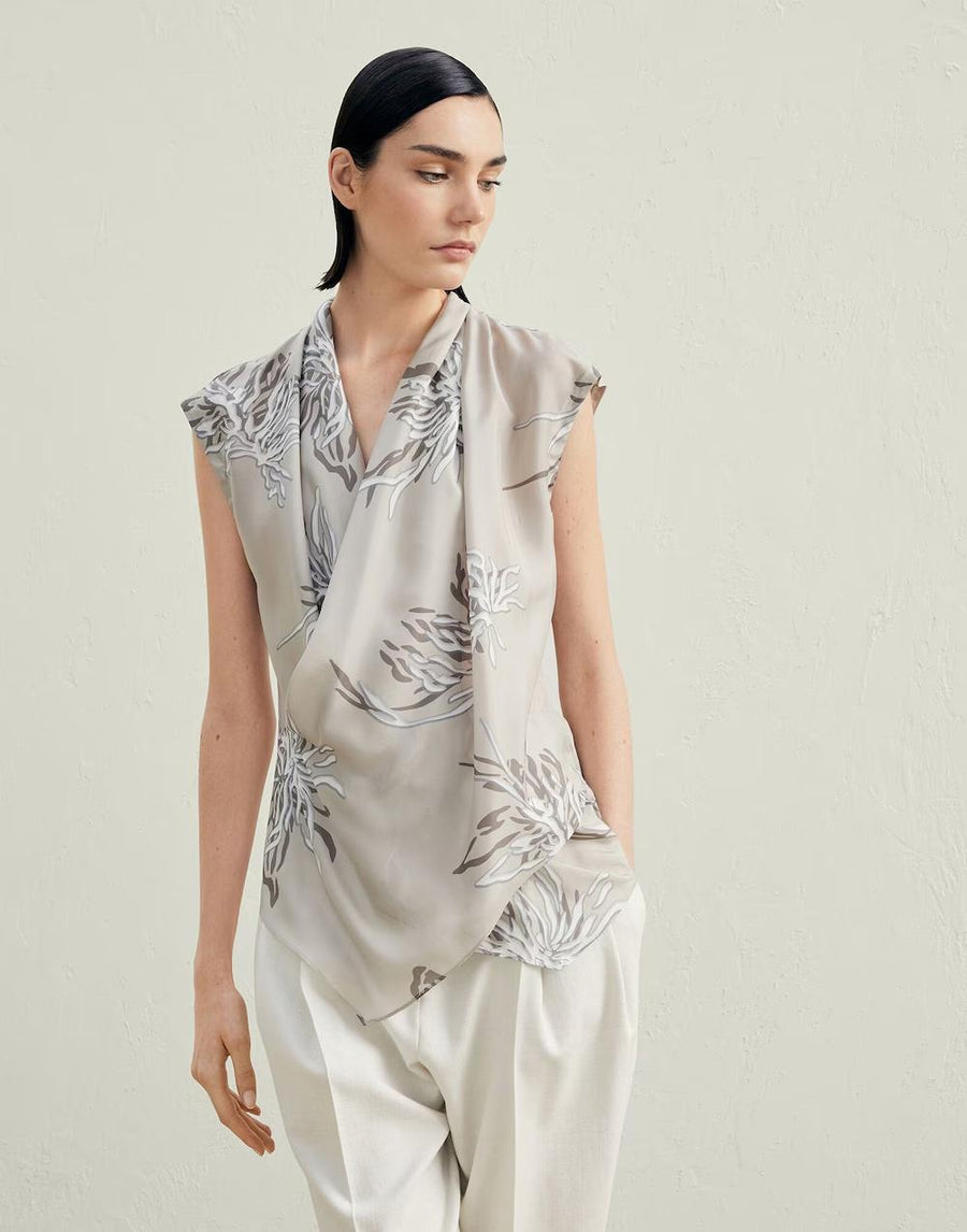 Brunello Cucinelli Abstract-Print Silk Blouse Neutrals