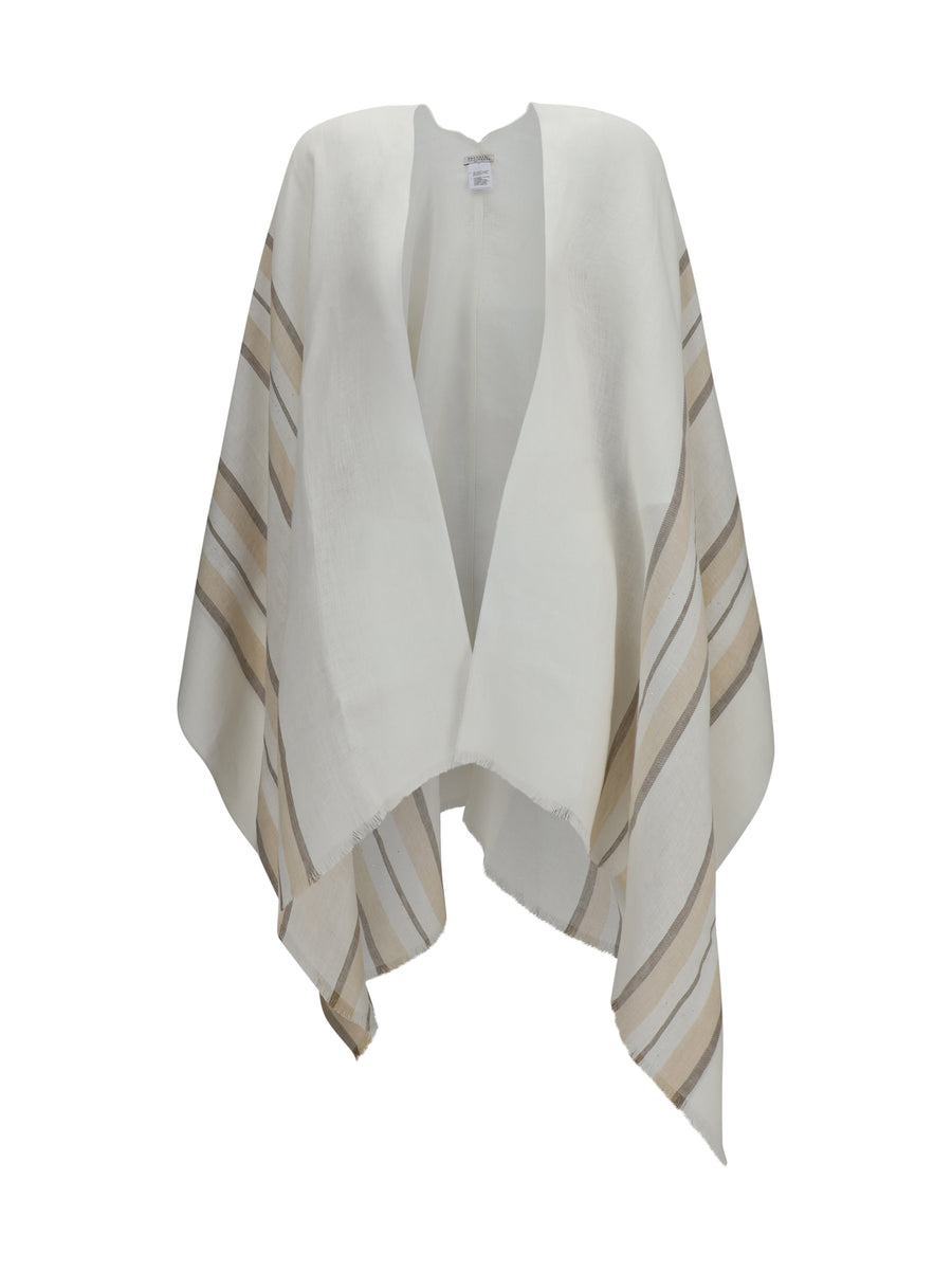 Open Poncho Linen, Cashmere And Silk Blend White/beige/camel/silver Knitwear