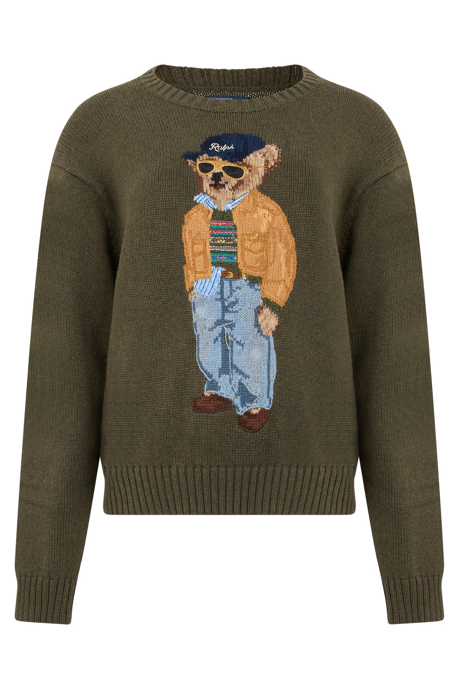 Sweater With Teddy Bear Motif, Marled Olive Cotton