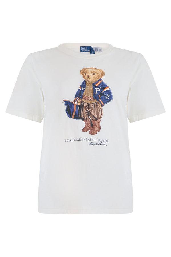 Cotton T-Shirt With Teddy Bear Motif Warm White T-shirts & Jerseys
