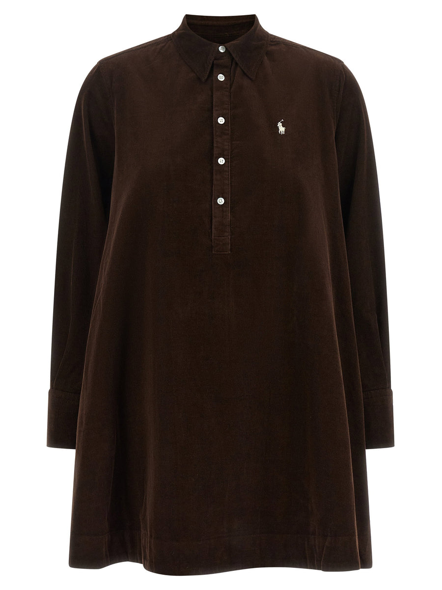 Polo Ralph Lauren Corduroy Logo-Embroidered Dress — Brown