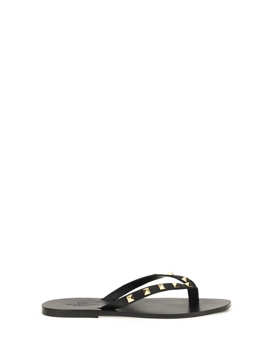 Thong Sandals Rockstud Black Calf Leather