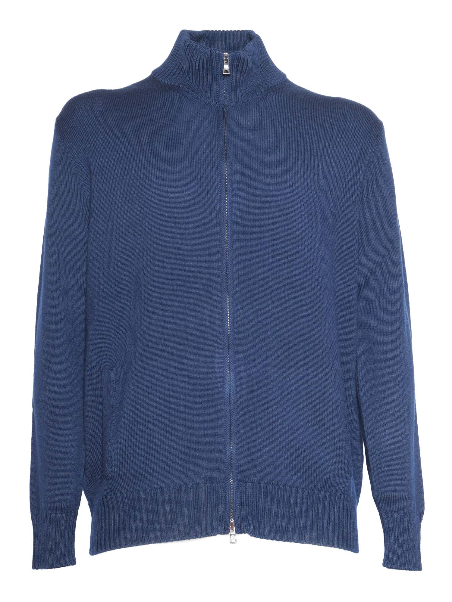 T Neck Zipped Cardigan Blue Wool