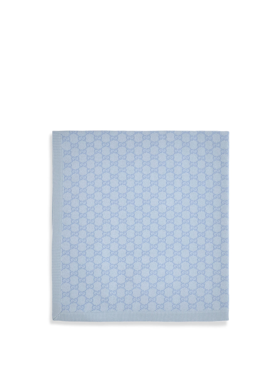 Gg Monogram Wool Blanket For Baby Ivory/sky Blue Merino Ovis Aries Scarf