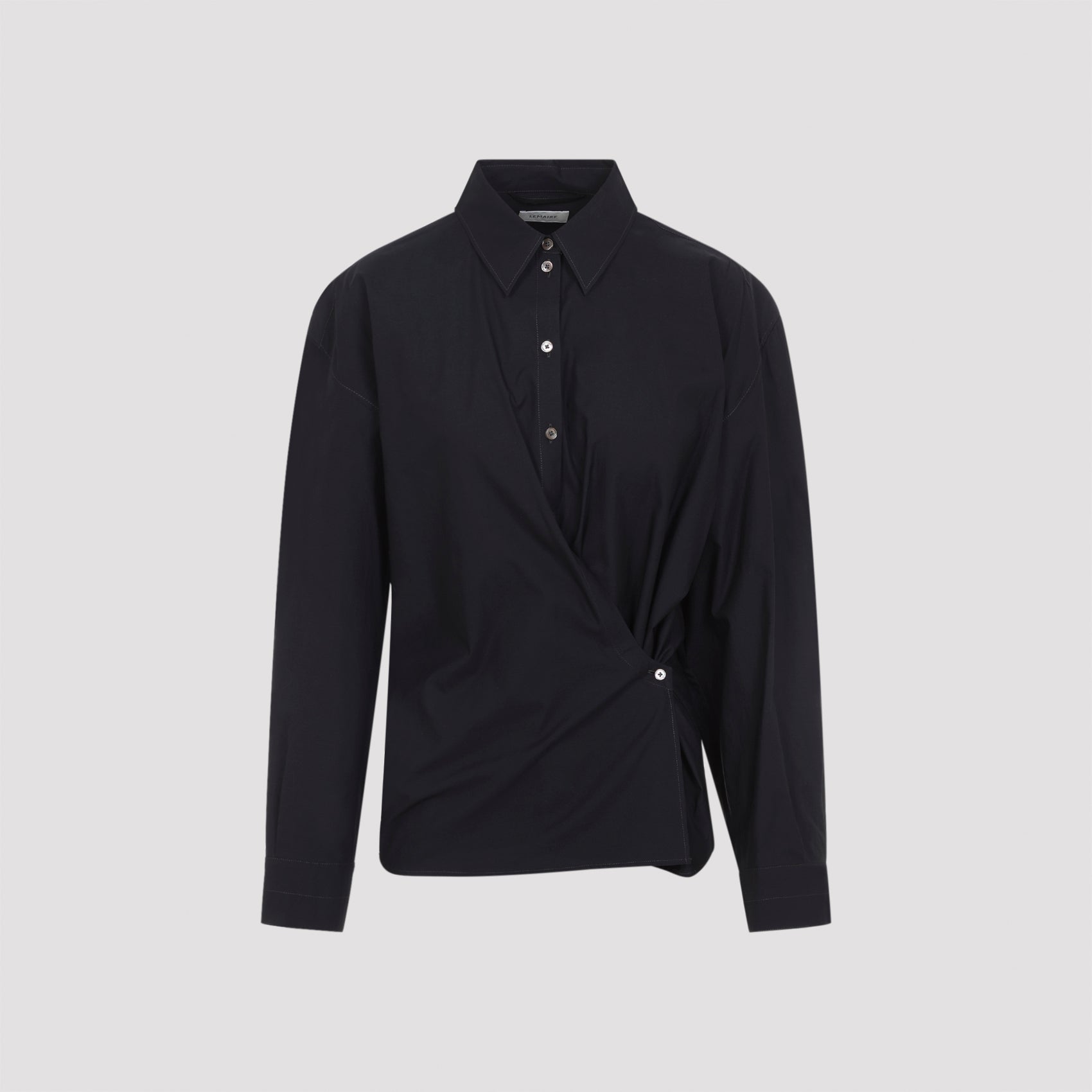 Straight Collar Twisted Shirt Blue Cotton Silk
