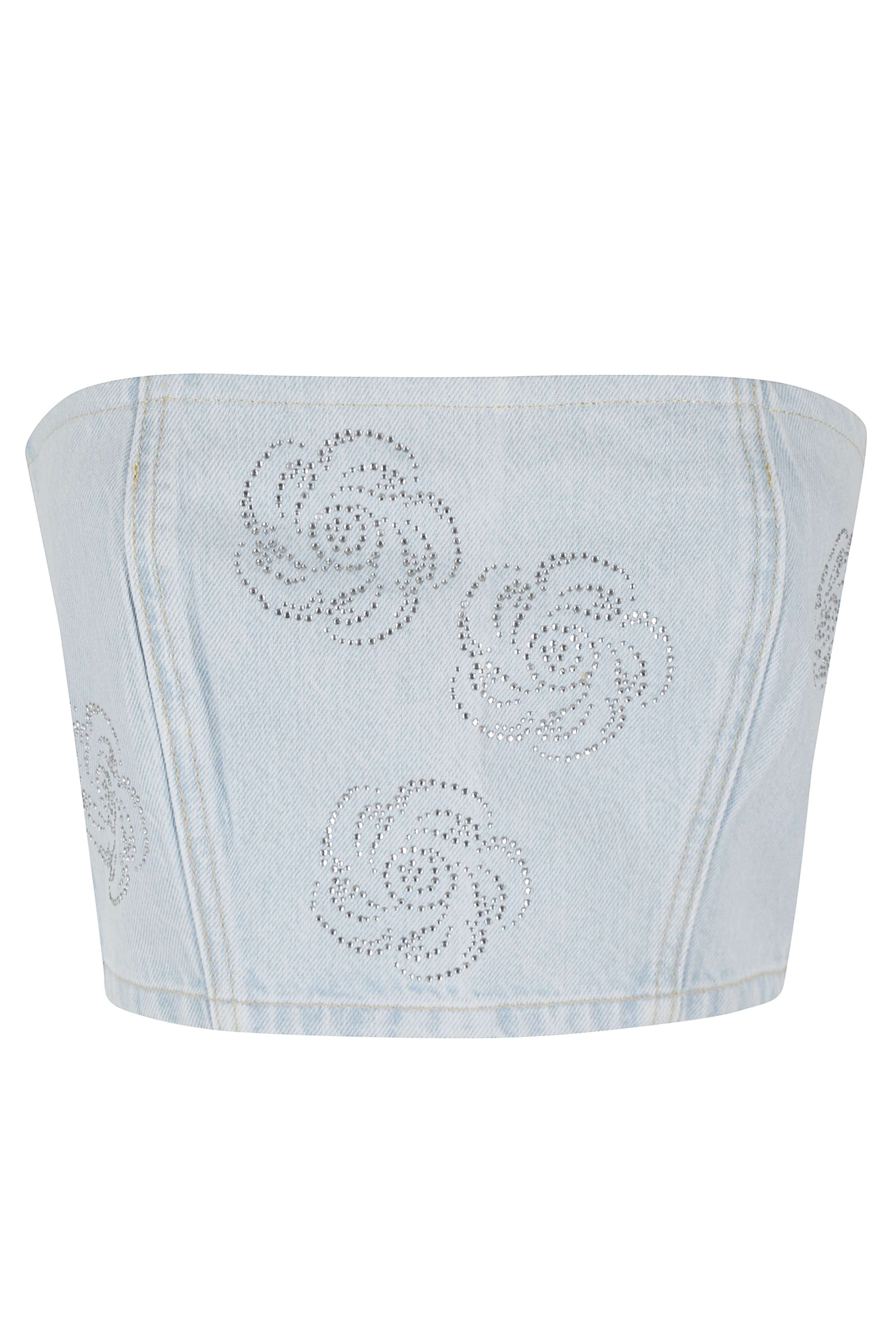 Denim Cropped Stud Top Blue Cotone