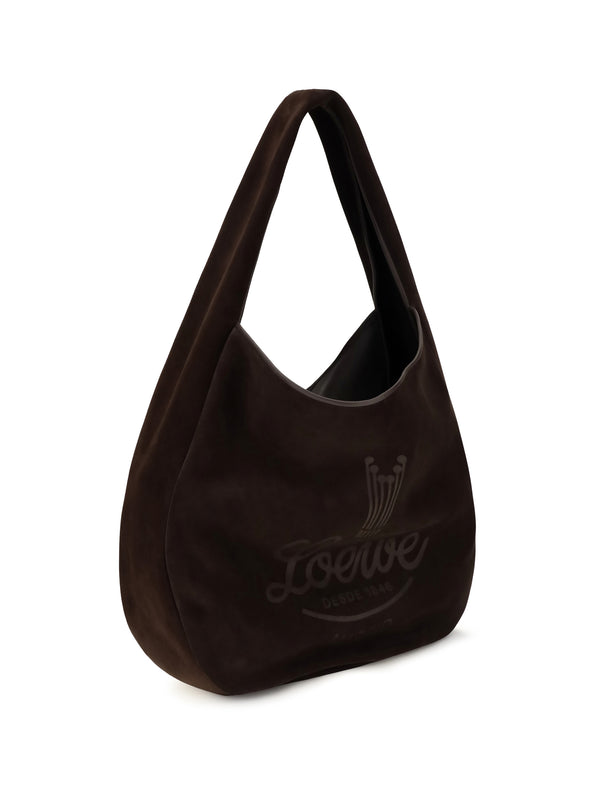 Hobo Shoulder Bag Roomy Suede Calfskin Dark Brown Calf Leather