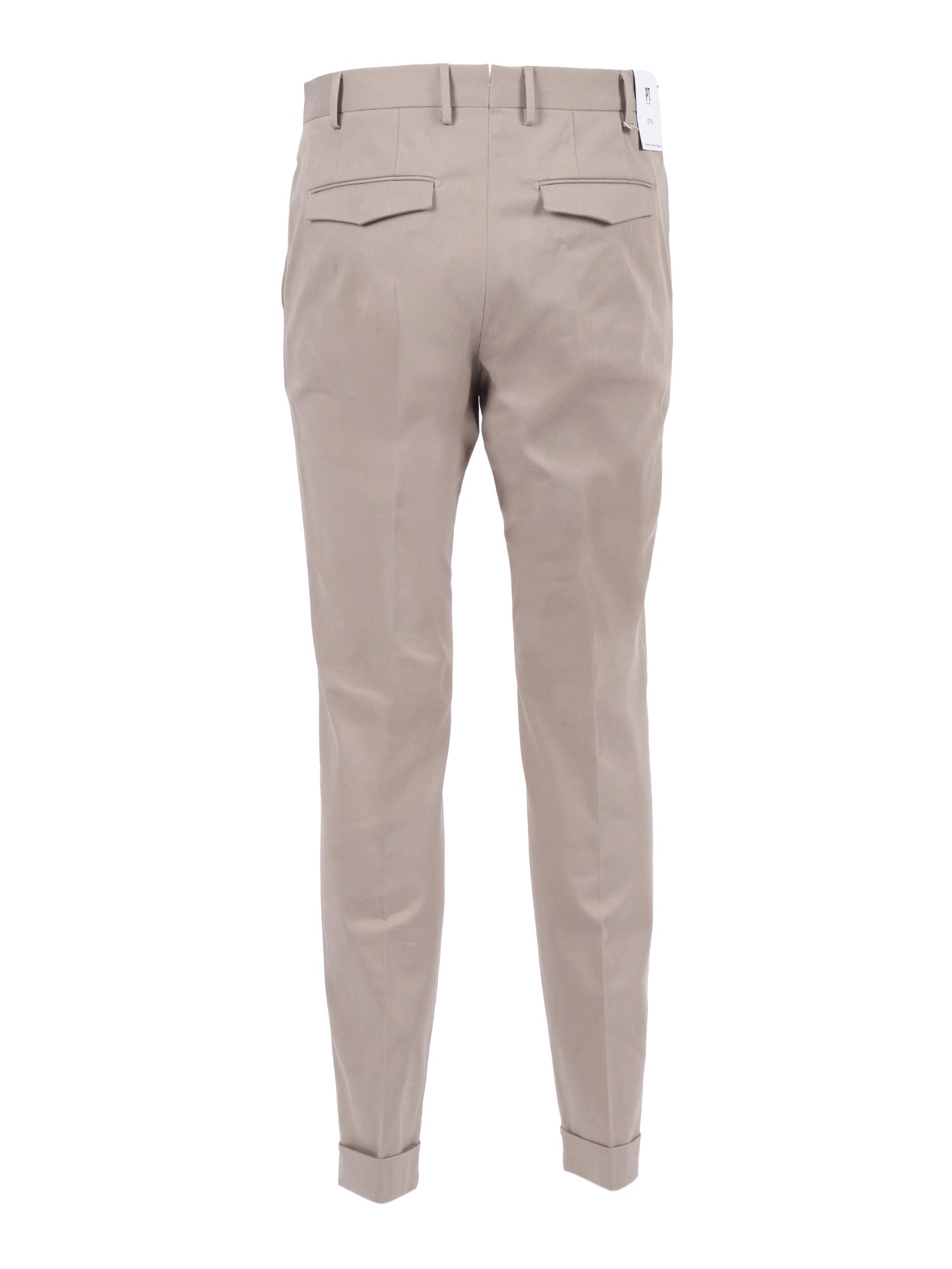 Master, Flat Front, Diagonal Pockets, Flap Back Turn-Up Beige Cotton Elastane Pant