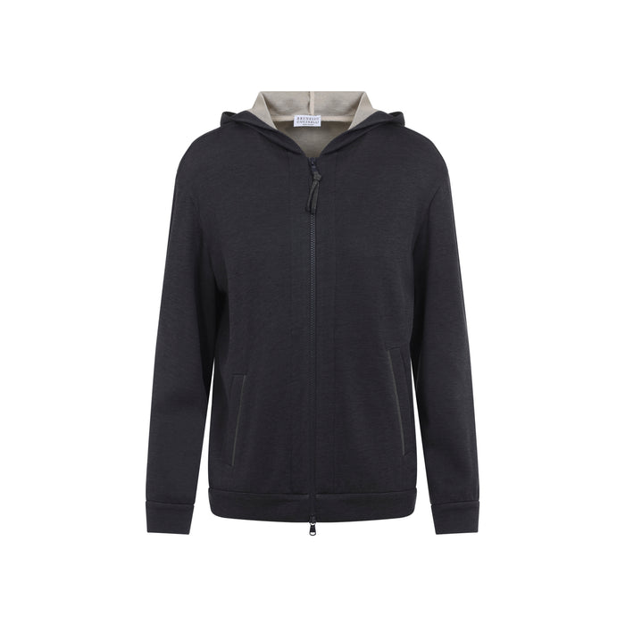 Hooded Cardigan Grey Cotton Silk Polyamide Sweatshirt