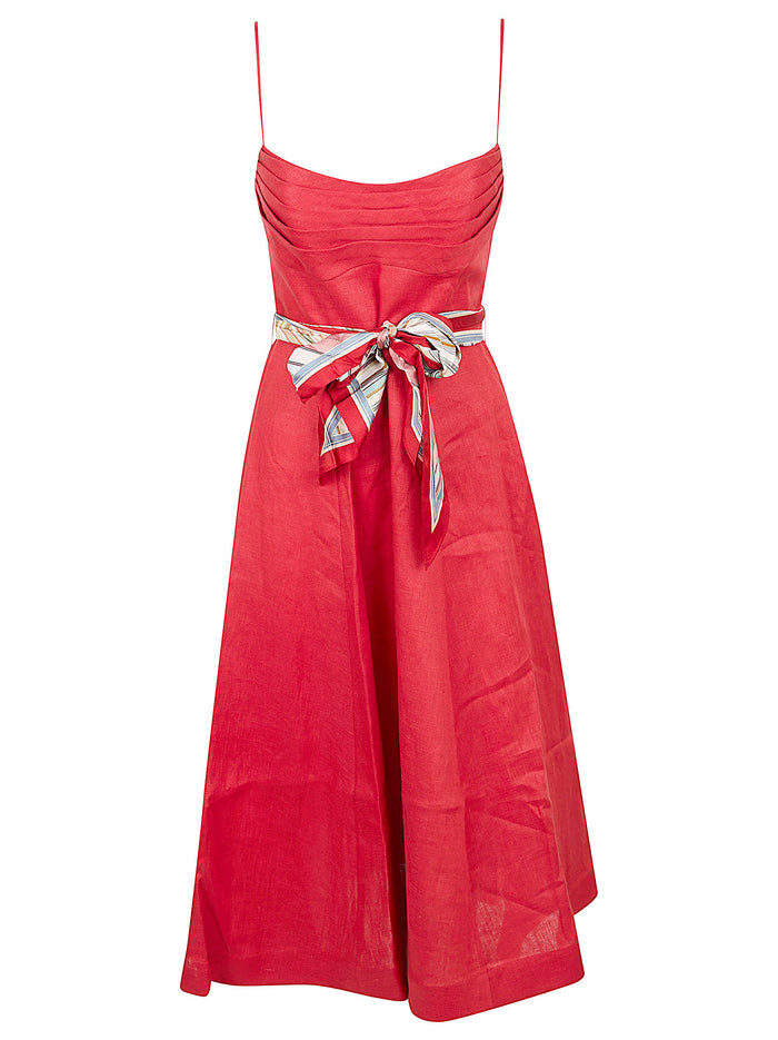 Rebellion Tuck Midi Dress Red Linen Abito