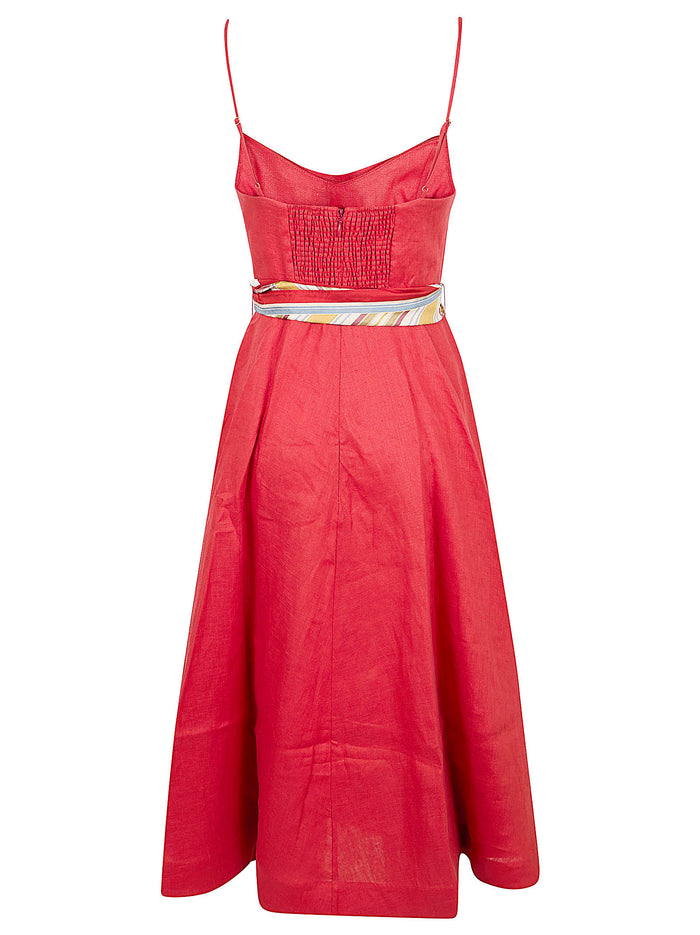 Rebellion Tuck Midi Dress Red Linen Abito