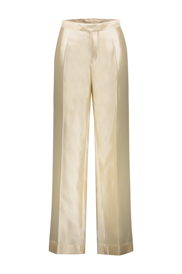 Pleated Trausers In Mikado Silk White Viscose Cotton Pantaloni