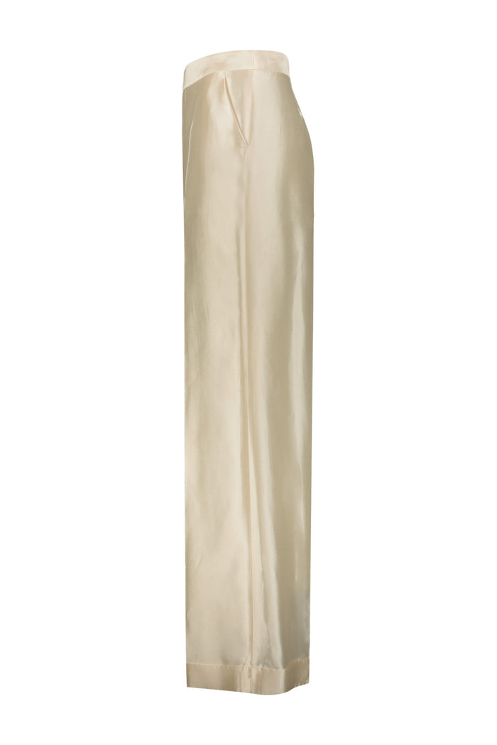 Pleated Trausers In Mikado Silk White Viscose Cotton Pantaloni