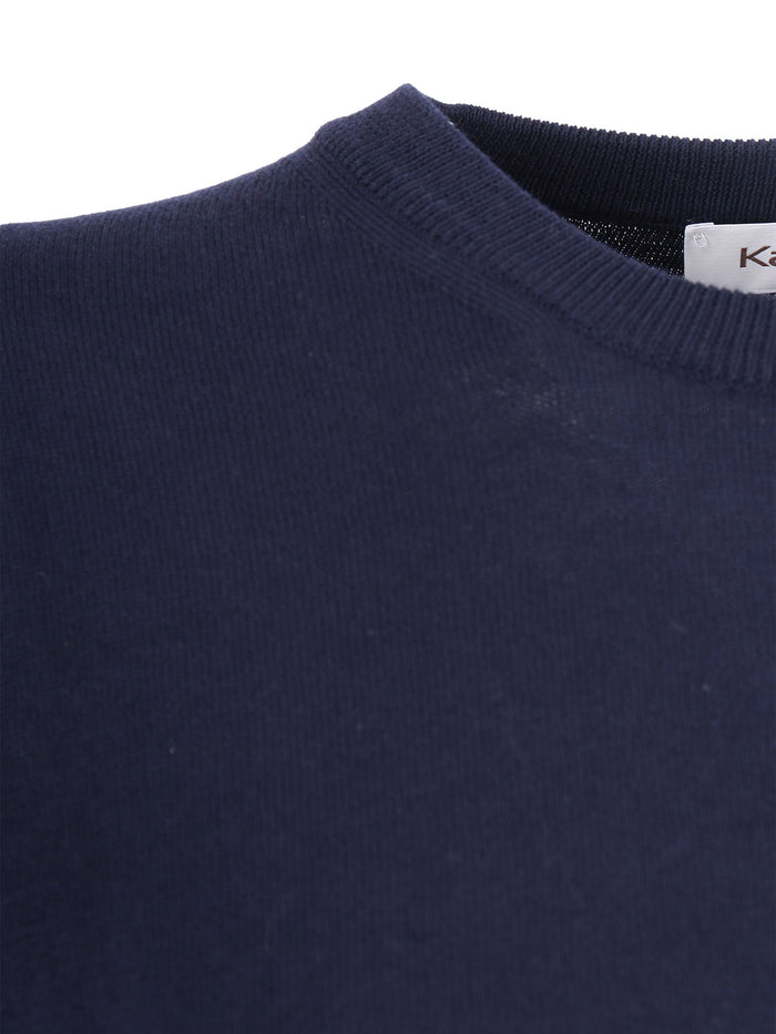 Regular Fit Short-Sleeved Crew Neck Sweater Plain Knit Blue Cotton Crewneck