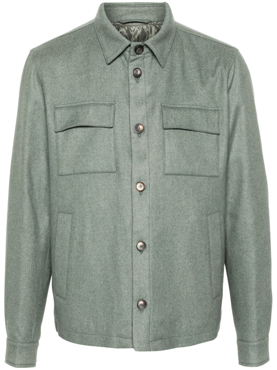 Herno Outer: Silk 51% shirt jacket in sage green