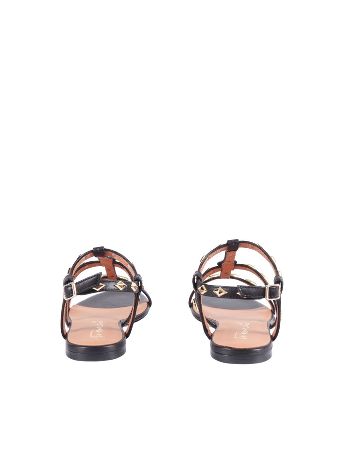 Sandals With Rhombus-Shaped Studs Black Leather Sole Rubber