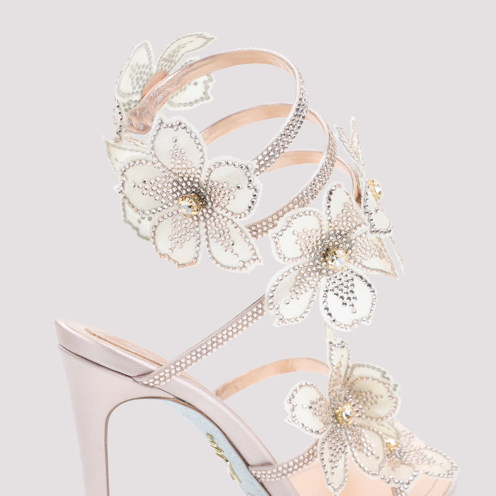Rene Caovilla Leather Peach Flower Sandals Pink & Purple Lamb Silk Strass