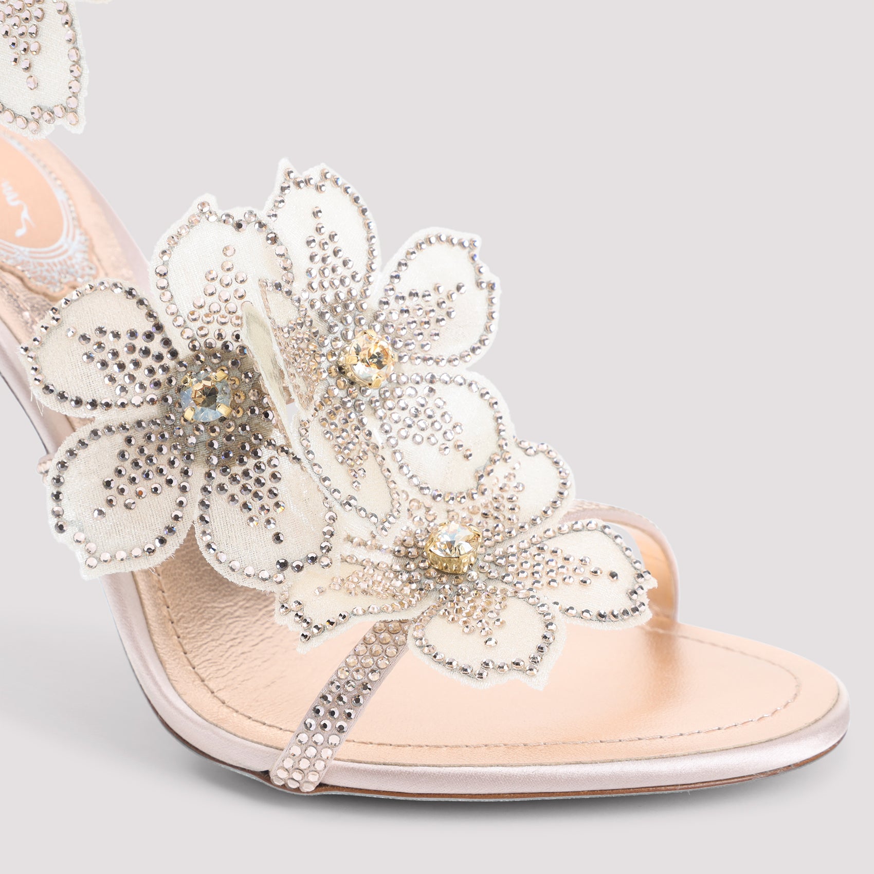 Rene Caovilla Leather Peach Flower Sandals Pink & Purple Lamb Silk Strass