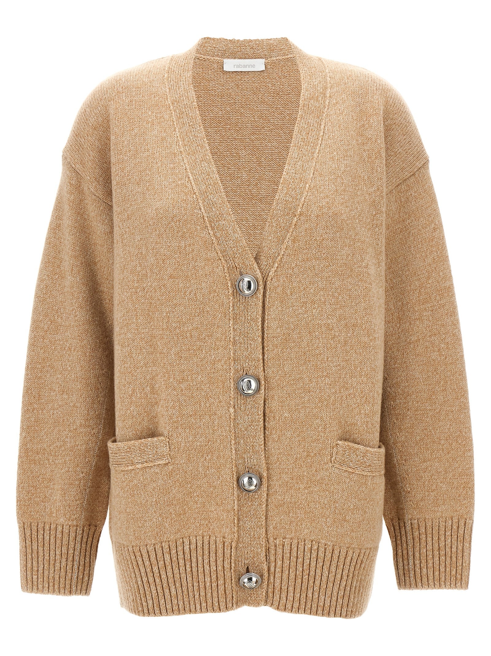 Logo button cardigan Beige Wool Sweater, Cardigans