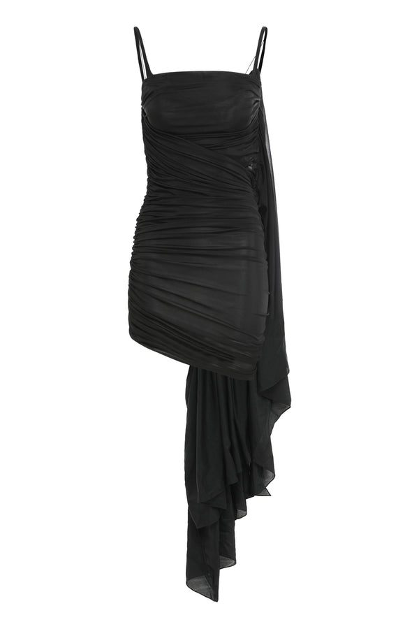 Asymmetrical Black Dress With Draping Polyamide