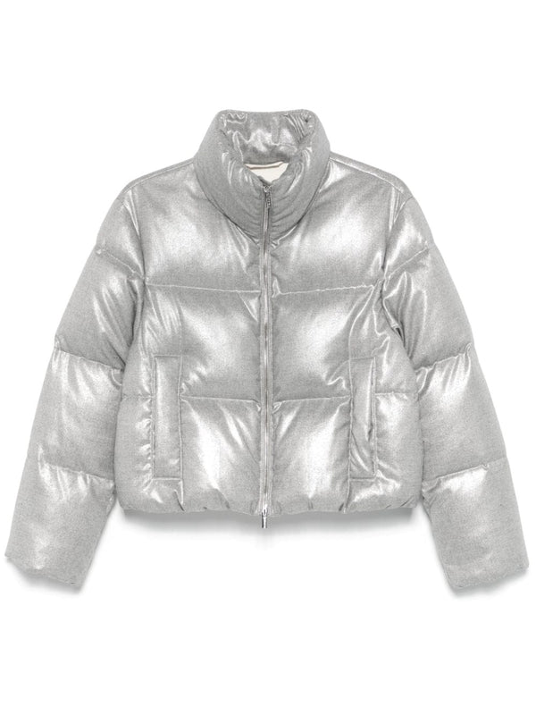 Peserico Outer: Calf Leather 100% down jacket in silver