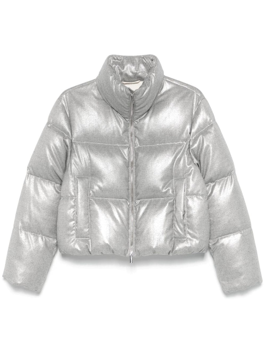 Peserico Outer: Calf Leather 100% down jacket in silver