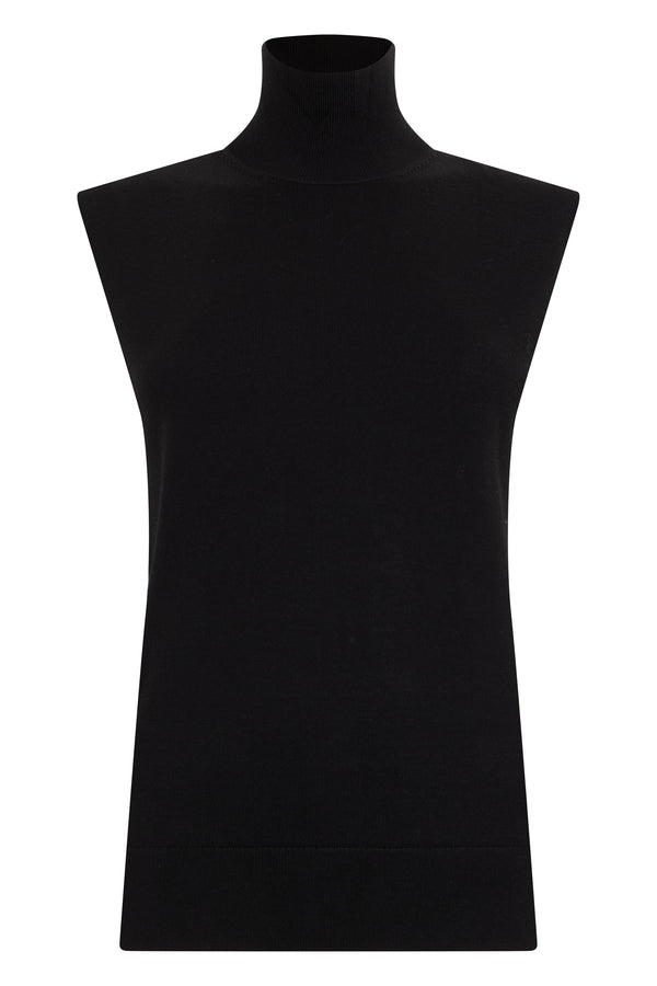Sleeveless Sweater High Collar Black Wool