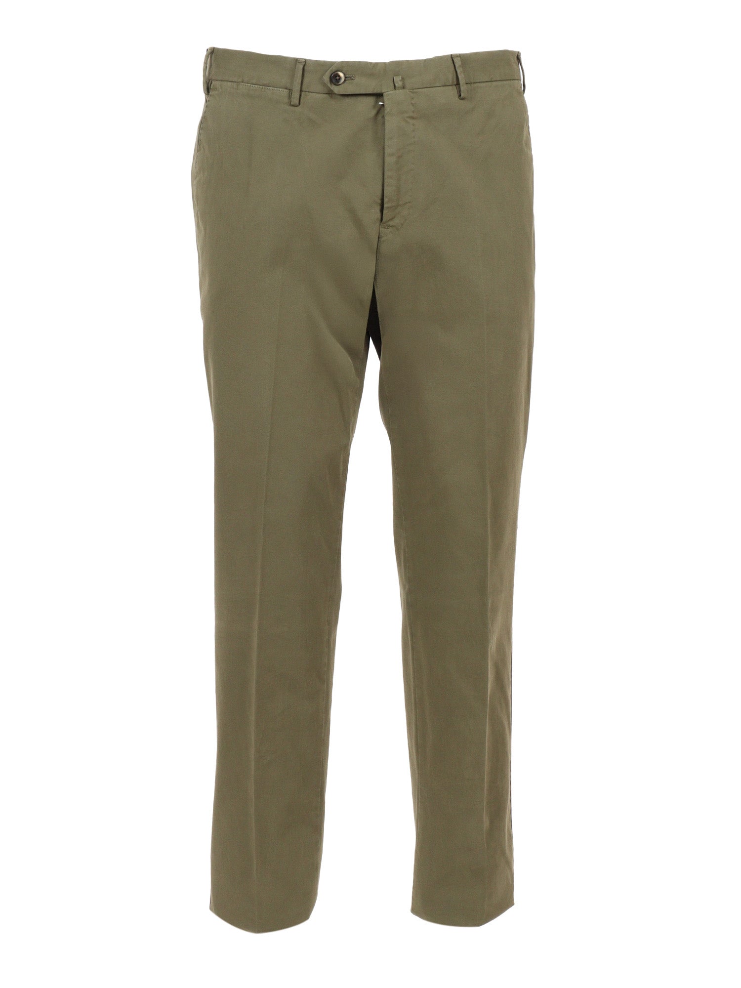 Slim, Flat Front, Diagonal Pockets, Unfinished Green Cotton Elastane Pant