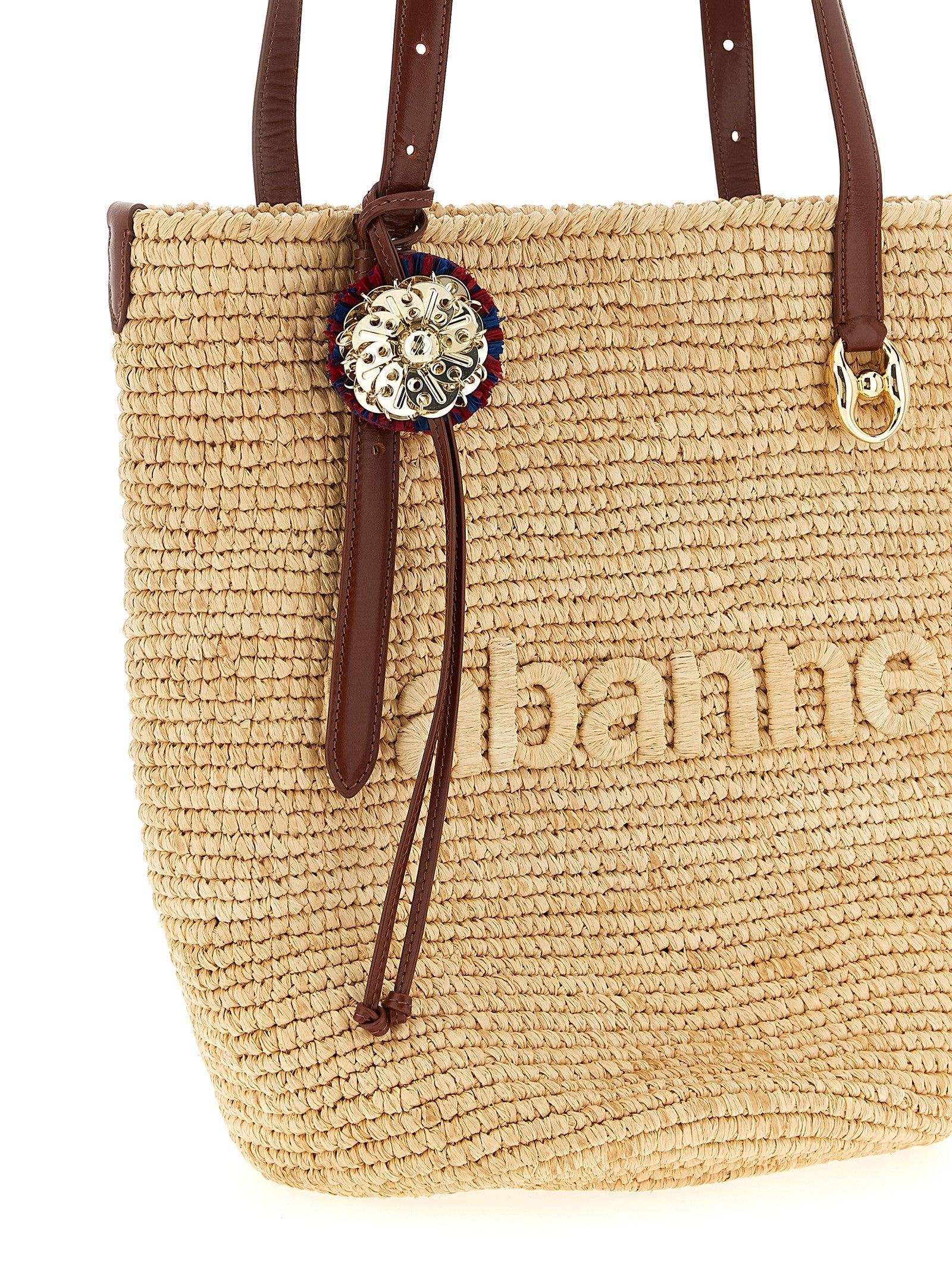 Natural Raffia Tote Bag shopping Beige Calfleather Brass