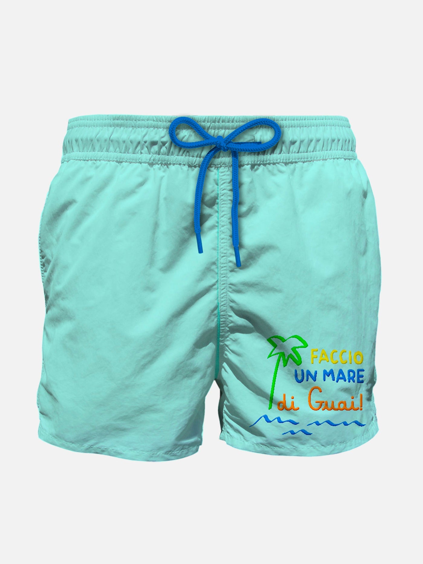 Boy Swim Shorts With Faccio Un Mare Di Guai! Embroidery Green Swimshort