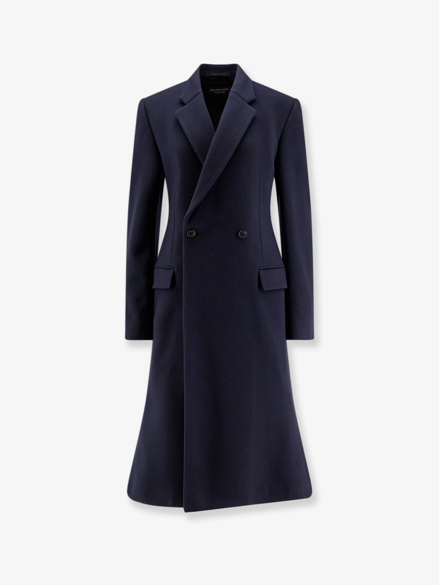 Godet Midi Double-Breasted Wool Coat Blue