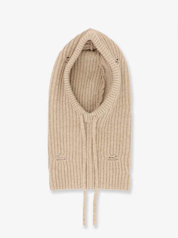Wool Blend Balaclava With Distressed Effect Beige Hat