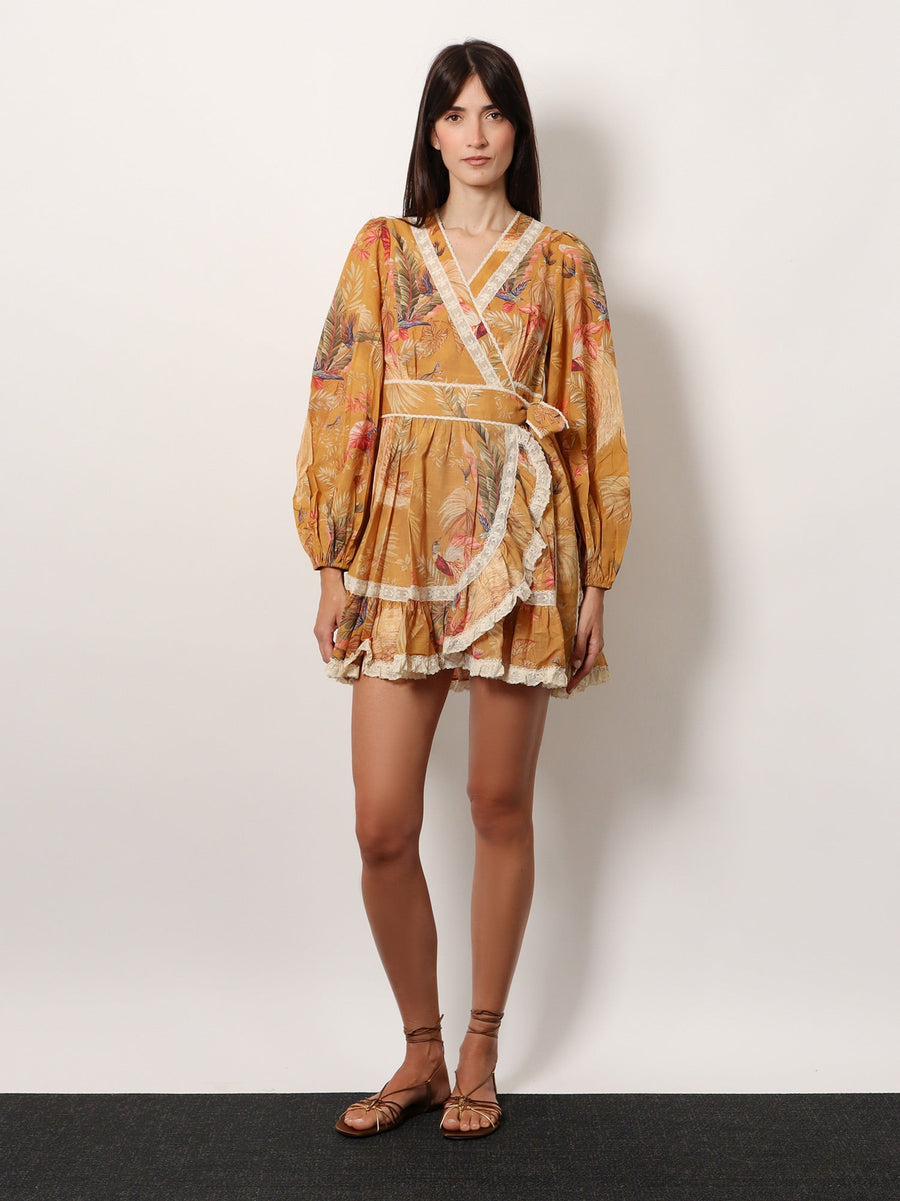 Frill Cotton Short Dress With Floral Print Beige