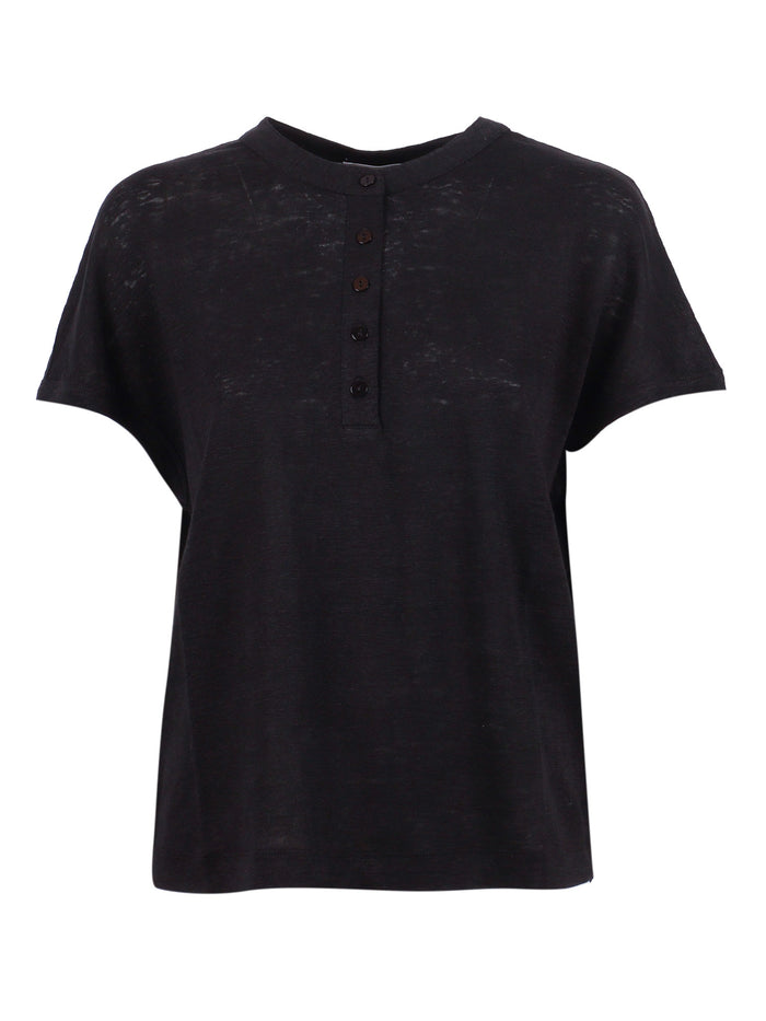 Linen Jersey Henley Shirt With Buttons Black Lino Crewneck