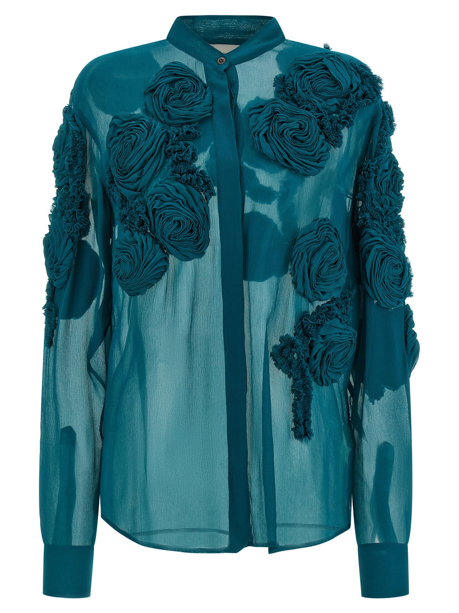 Dries Van Noten 3D Floral Appliqué Shirt — Teal