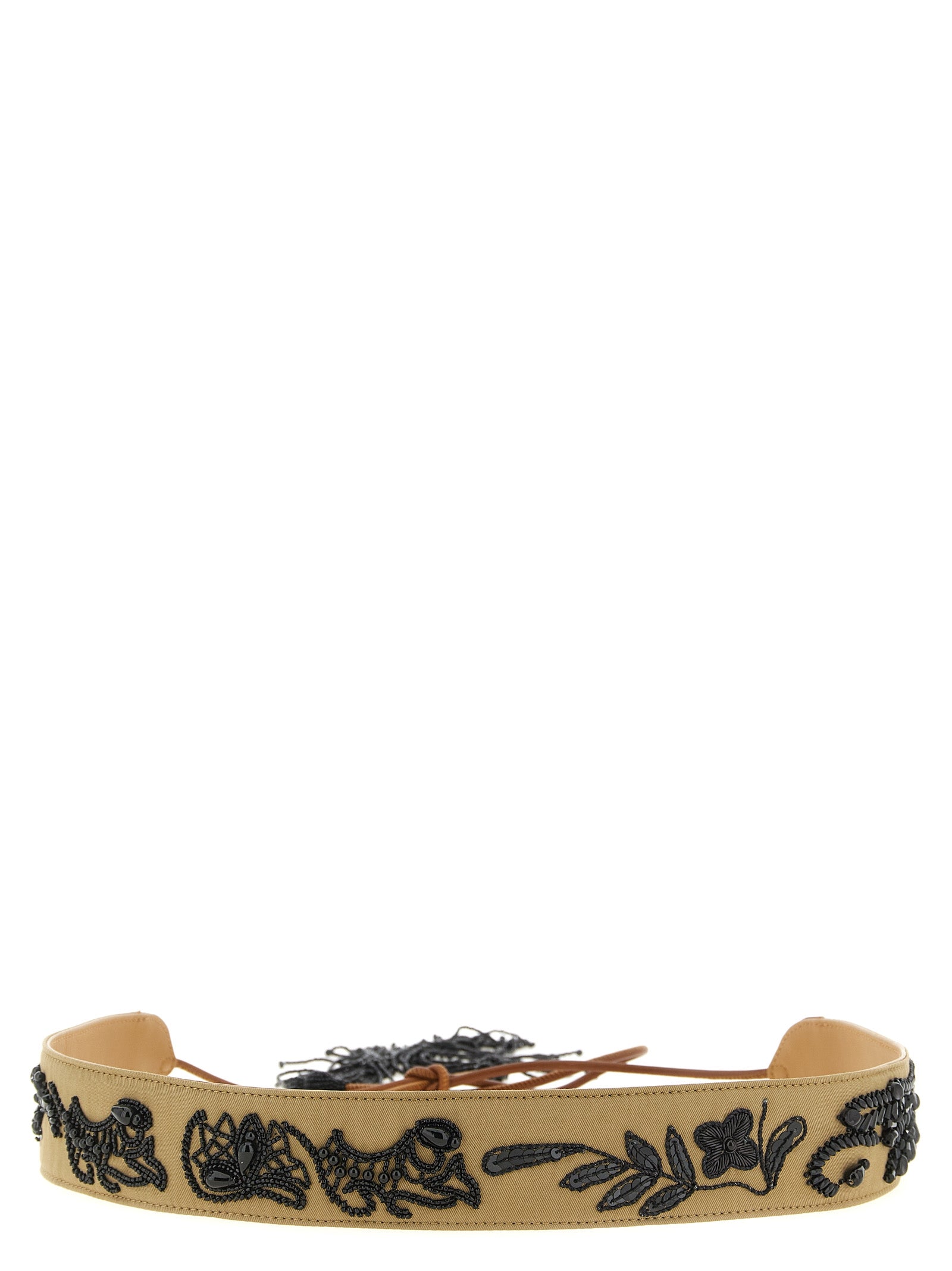 Beads Embroidery Belt Brown Cotton