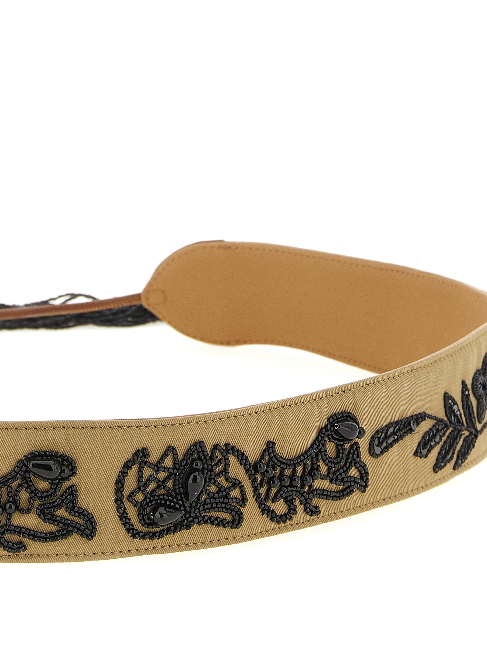 Beads Embroidery Belt Brown Cotton