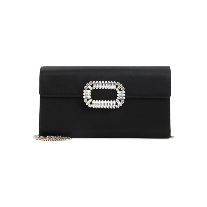 Envelope Flap Sexy Choc Buckle Clutch Black Satin Crystal Bag