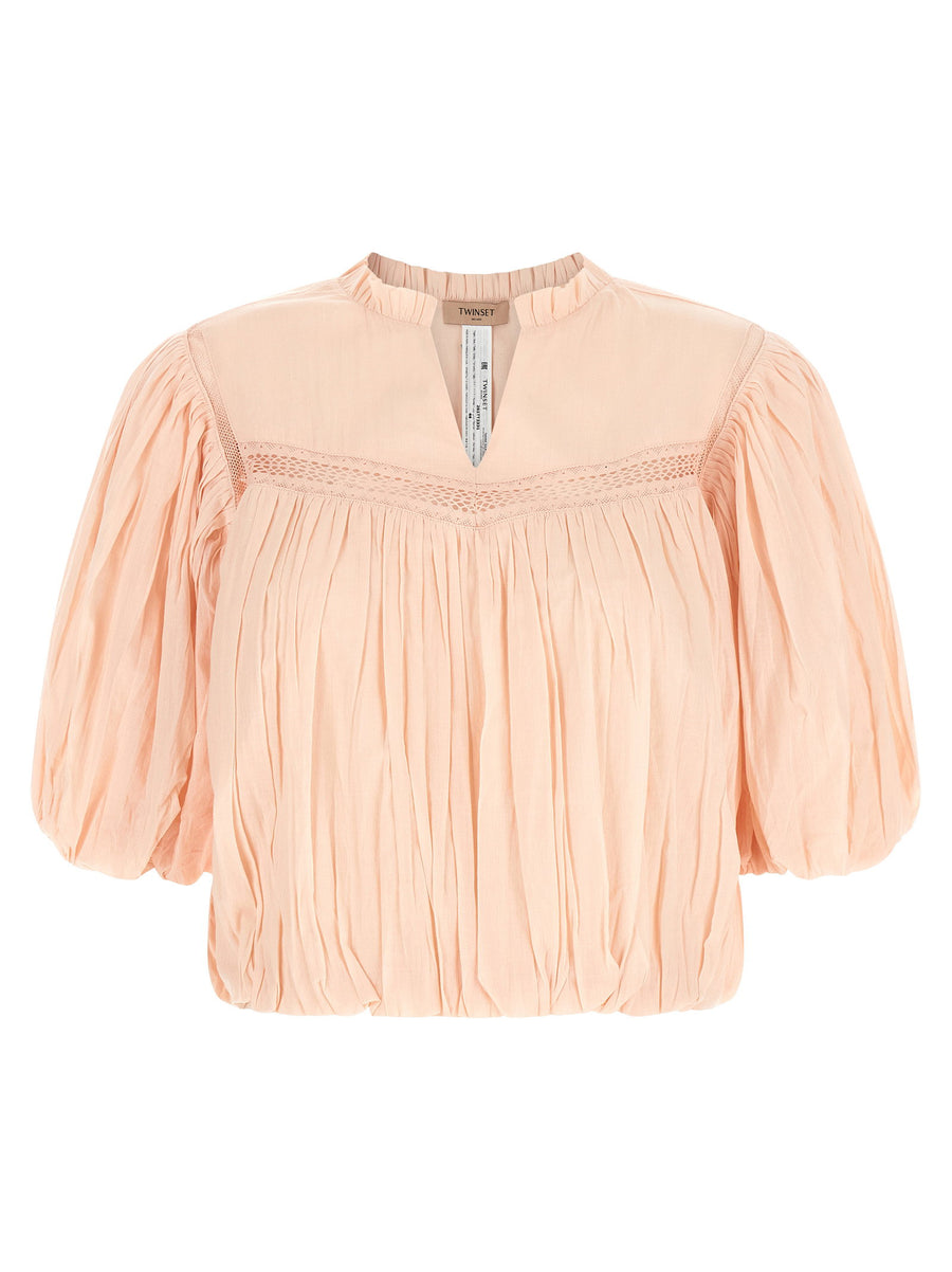 Twin Set Crinkled Cotton with Lace Insert Blouse — Peach