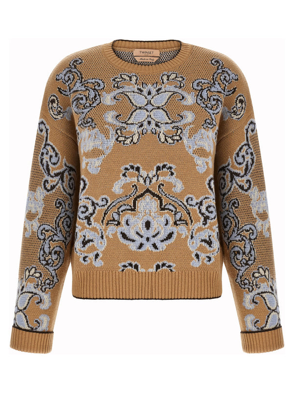 Twin Set Jacquard Tapestry Wool Blend Sweater — Camel