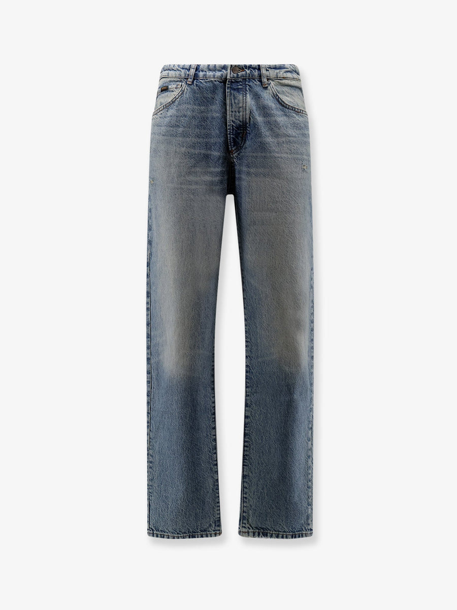 Cotton Jeans With Back Suede Logo Patch Blue