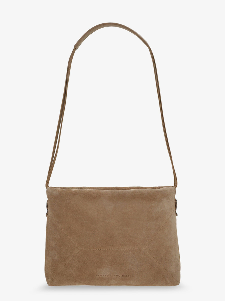 Suede Shoulder Bag With Logo Beige