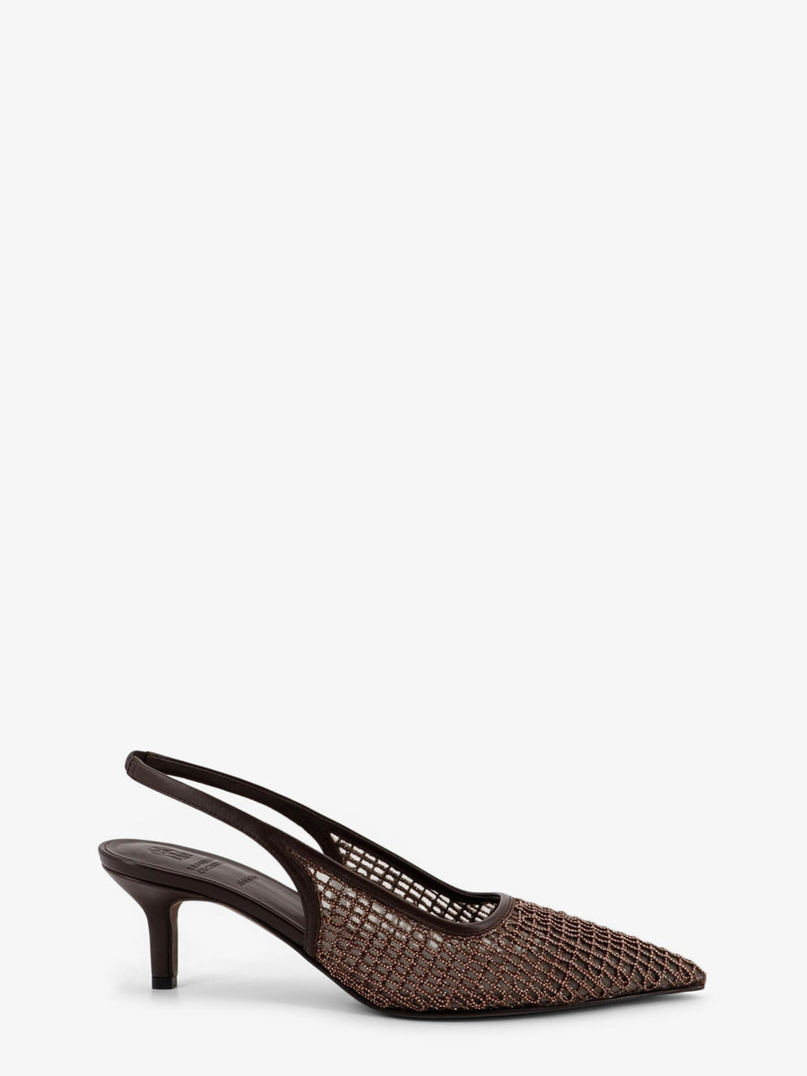Leather Décolleté With Net Detail Brown Pumps