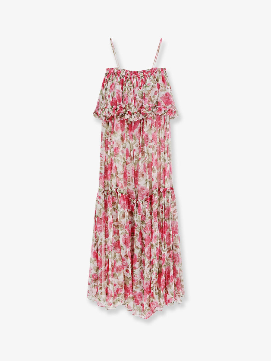 Long Silk Dress With Floral Print Pink