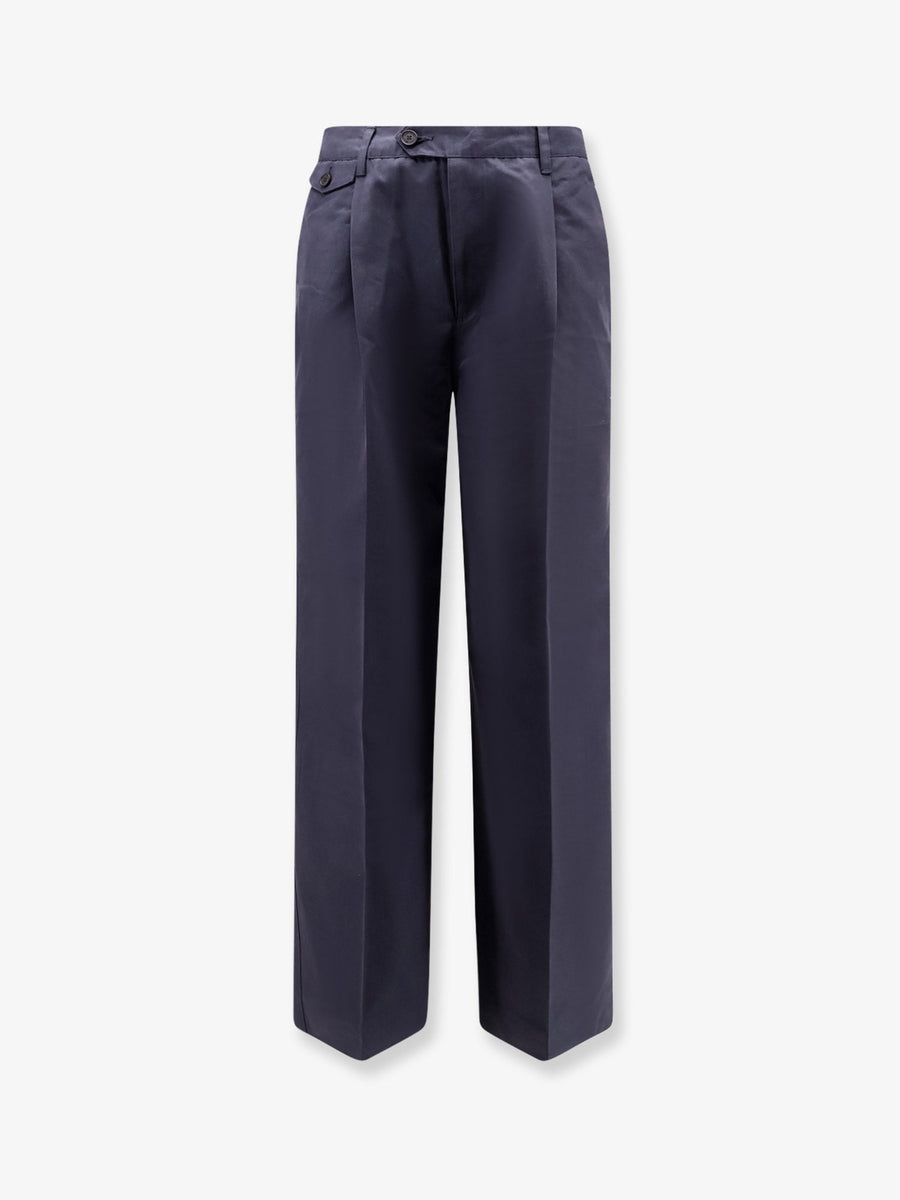 Pleated Chino Slacks Trousers Blue Cotton