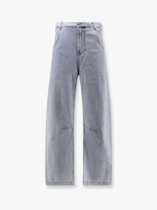 Cotton Jeans With Back Leather Logo Patch Blue