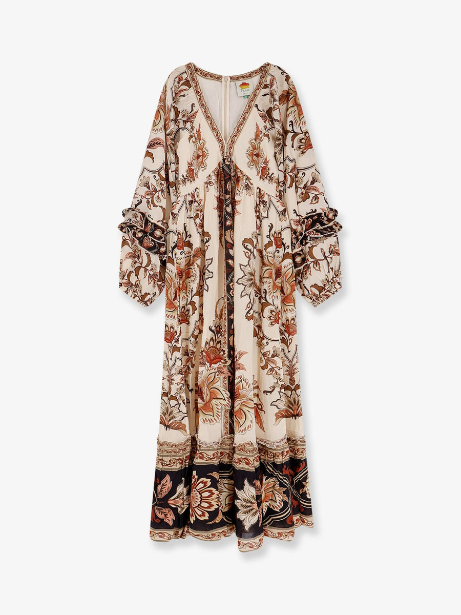 V-Neck Maxi Dress With Ruffles Beige Viscose