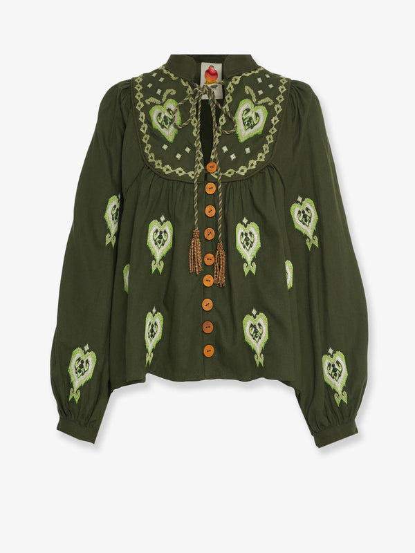 Embroidered Puff Sleeve Shirt Green Linen