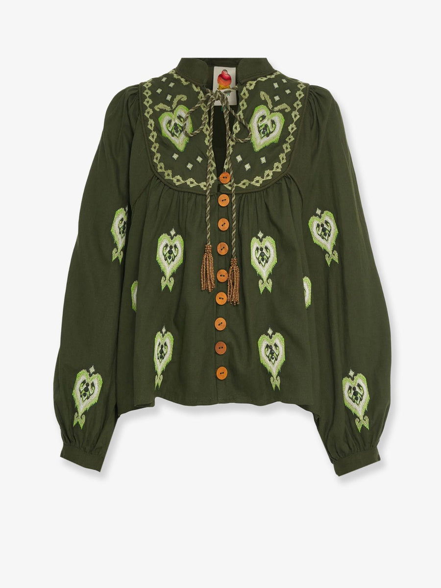 Embroidered Puff Sleeve Shirt Green Linen