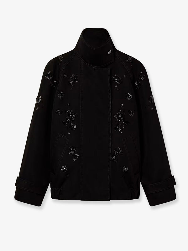 Black Denim Jacket With Floral Sequin Details Cotton